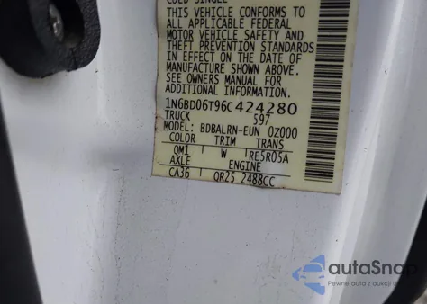 2006 Nissan Frontier Xe z USA, uszkodzony, nr VIN 1N6BD06T96C424280